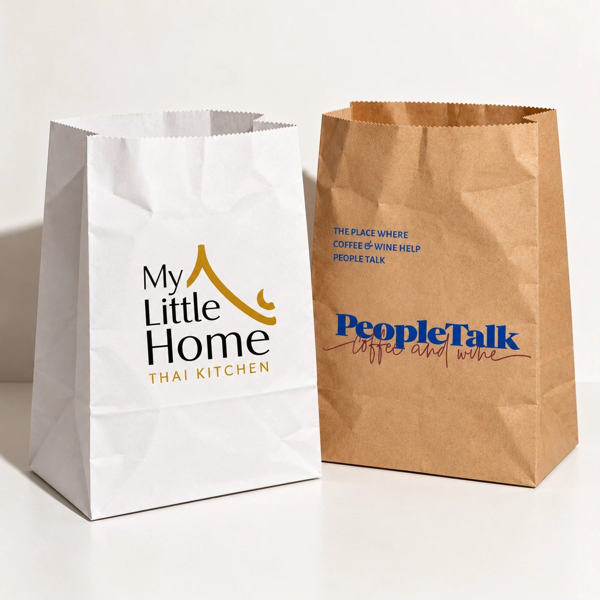 Custom printed white and brown kraft paper bags for My Little Home Thai Kitchen and PeopleTalk
